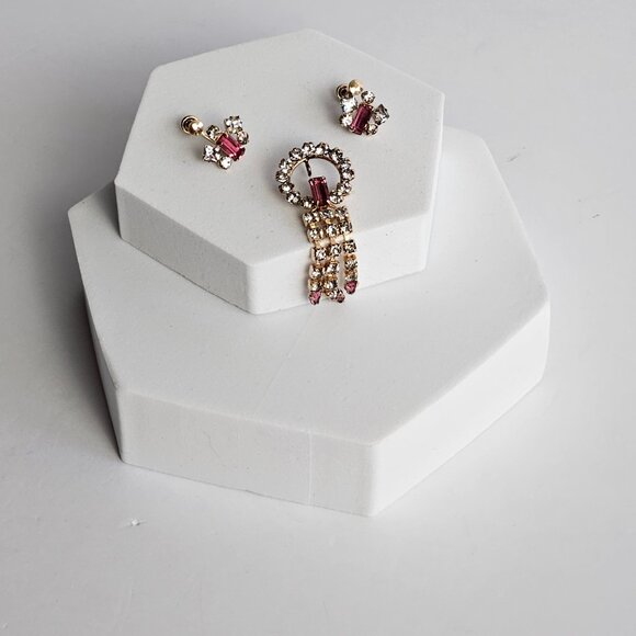 Vtg Marks & Spencer 12K Gold-Filled Rare Pink Rhinestone Brooch & Earrings Set - Picture 4 of 16